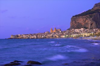 Historic town centre with the Cathedral of San Salvatore and Rocca di Cefalu at dusk