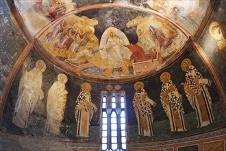 Anastasis fresco and Church Fathers wearing bishop's robes in the Parekklesion or Funeral Chapel