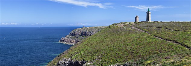 Coastal cliffs of Cap Frehel with the old and new lighthouses