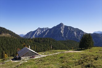 Postalmhuette hut on Postalm alpine pasture with Rinnkogel Mountain
