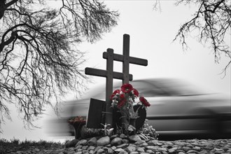 Roadside memorial to a deceased young couple in a car accident
