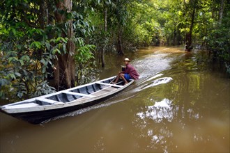 Indian man travelling by boat through the Varzea Forests