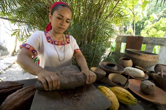 Farm worker grinding cocoa beans at the Hacianda Cacaotera 'Jesus Maria'