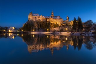Schloss Sigmaringen castle on the Danube River at the blue hour