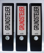 Three file folders labeled 'Grundsteuer'