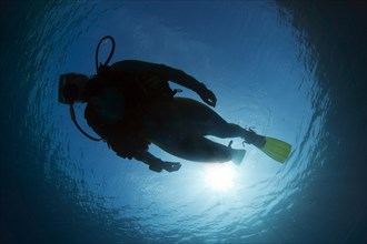 Silhouette of a scuba diver under water