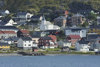 Town view of Honningsvag with a church