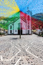 Festive decorations in front of the parish church of Sao Bento in Ribeira Brava