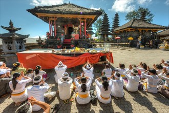 Hindu worshippers praying at Pura Ulun Danu Batur Temple