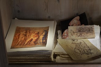 Copies of prints and drawings by Albrecht Duerer in a display case