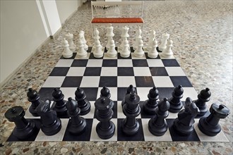 Large floor chess board in the foyer of the spa gardens