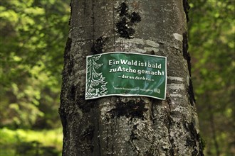 Warning sign in German on a tree to prevent forest fires