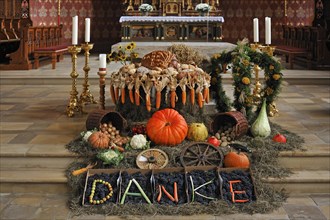 Thanksgiving decoration in front of the altar in the neo-Gothic Parish Church of St. Pelagius