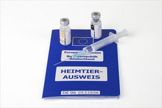 A syringe and vials on an EU pet passport