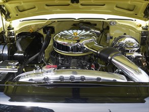 Chromed engine compartment of a Chevrolet Bel Air classic car