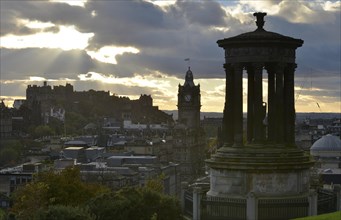 View from Calton Hill with the Dugald Stewart Monument on the Edinburgh Castle and the historic city center