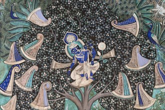 Pastoral god Krishna playing on his flute after he has hidden the clothes of the shepherd girls in a tree