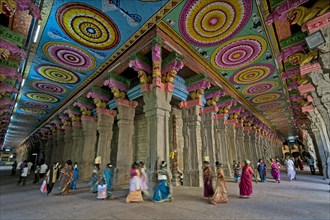 Colourful painted ceiling on stone pillars
