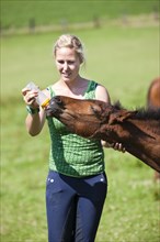Young woman feeding a foal with a milk bottle
