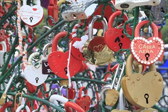 Metal trees with lovers' padlocks attached on Luzkow Bridge