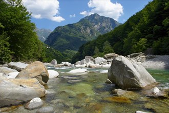 Rocky alpine foothills stream in the remote valley of Val Verzasca