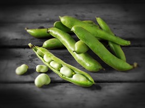 Fresh green broad beans in their pods