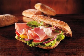Ham and salad sandwich in ciabatta bread