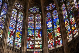 Medieval Gothic stained glass window showing scenes from the Martyrdom of Saint Denis