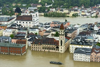 Historic town centre with St. Michael's Church and the Town Hall during the flood on 3rd June 2013