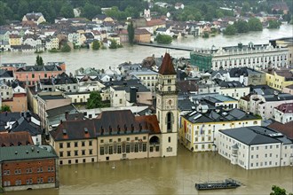 Historic town centre with the Town Hall and Hotel Wilder Mann during the flood on 3rd June 2013