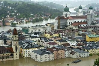 Historic town centre with the Town Hall and St. Stephen's Cathedral during the flood on 3rd June 2013