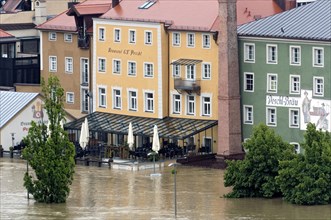 Flooded Peschl Braeu brewery and restaurant alongside the Danube River during the floods on 3rd June 2013