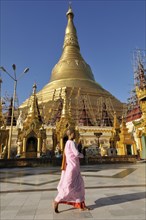 Buddhist nun in front of Shwedagon Pagoda
