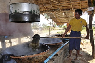 Man pouring sugar juice from one vessel to another