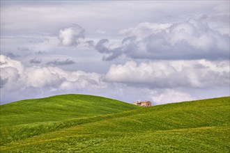 Single house between clouds and hilly fields