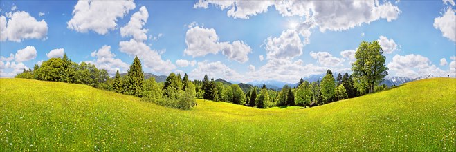 360 degree mountain panoramic view at Eckbauer with lush green meadows in the spring