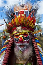 Man in a colourfully decorated costume with face paint at the traditional sing-sing gathering