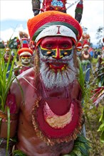 Man in a colourfully decorated costume with face paint at the traditional sing-sing gathering