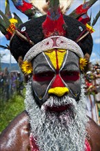 Man in a colourfully decorated costume with face paint at the traditional sing-sing gathering