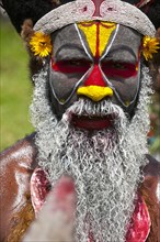 Member of a tribe in a colourfully decorated costume with face paint at the traditional sing-sing gathering