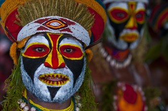 Colourfully decorated and painted men celebrating the traditional Sing Sing in the highlands