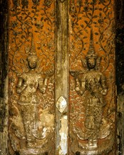Sculptural decorated entrance door of Wat Si Saket Temple