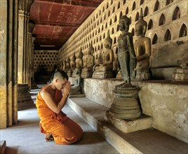 Novice praying in front of a bronze Buddha