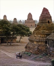 Horse-drawn carriage in a field with ruins of Buddhist pagodas and temples
