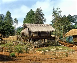 Typical bamboo hut of a Akha village in the west of Chiang Rai