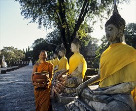 Monk with a begging bowl standing next to seated Buddha statues in the gardens of the Wat Yai Chai Mongkon Temple