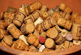 Collection of champagne corks in a bowl