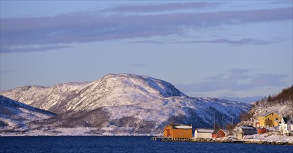 Fishing village beside a fjord with wintry mountains