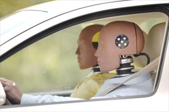 Crash test dummies in a car