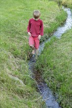 Boy wades through a creek